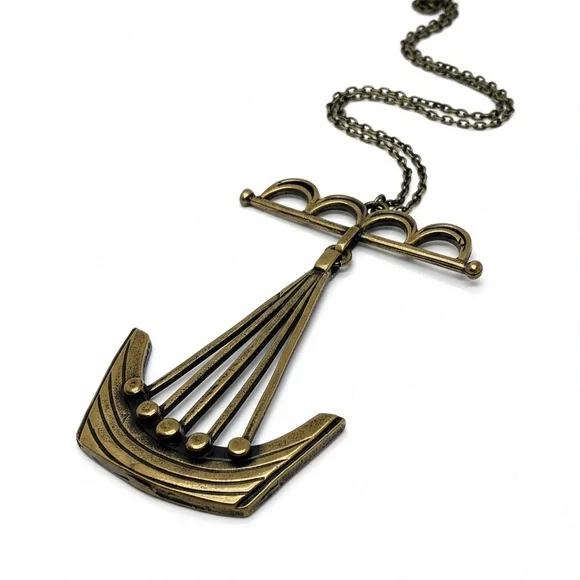 Signed Gard Berg Viking Longship Necklace Scandinavian Brutalist Bronze 1970s - Picture 2 of 12
